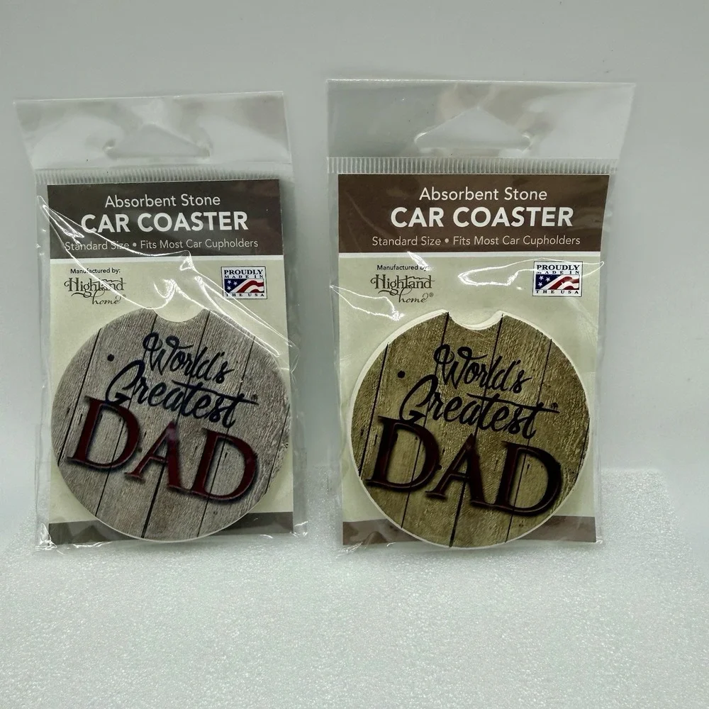Highland Home Absorbent Stone Car Coasters World's Greatest Dad Gray/Brown 2 Lot